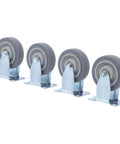 Set Of Four 4 Inch Grey Polyurethane Caster Wheels With Dual Bearings Heavy Duty Cart Casters Rated 1600 Lbs on metal plates.
