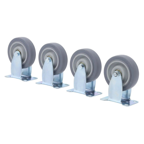 Set Of Four 4 Inch Grey Polyurethane Caster Wheels With Dual Bearings Heavy Duty Cart Casters Rated 1600 Lbs on metal plates.