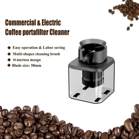 Smooth Sailing Electric Portafilter Knock Box Stand, 58mm size, with clear container and removable cleaning brush.