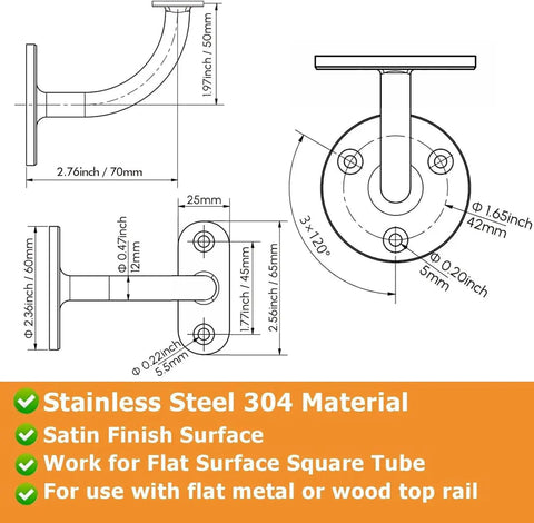 Top Shelf Heavy Duty Two Pack Stainless Steel 304 Wall Mount Handrail Brackets For Wood And Metal Stair Railings Rock Solid Flat Surface Square Tube Support With Smooth Satin Gold Finish