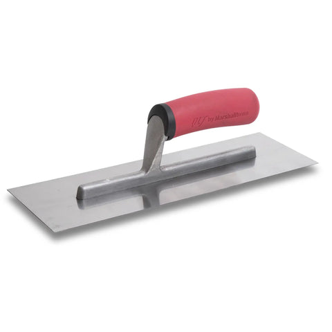 Concrete Finishing Trowel With A 14 Inch By 4 Inch Stainless Steel Blade And Soft Grip Handle, shown in side view