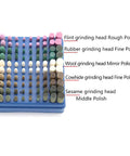 Epic 100-Piece Assorted Mounted Point Kit Includes Grinding Heads Polishing Wheels Wool Felt Rubber Abrasives 3Mm Shank Rotary Tool Bits display of various grinding heads organized by material and polish type.