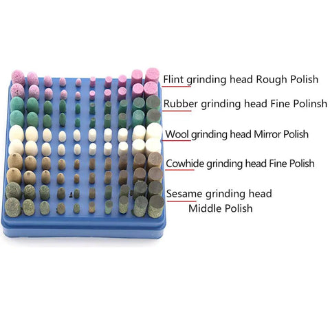 Epic 100-Piece Assorted Mounted Point Kit Includes Grinding Heads Polishing Wheels Wool Felt Rubber Abrasives 3Mm Shank Rotary Tool Bits display of various grinding heads organized by material and polish type.