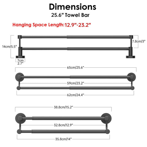 Diagram showing dimensions of Adjustable 16 To 26 Inch Double Bath Towel Bar For Bathroom SUS304 Stainless Steel Towel Holder.
