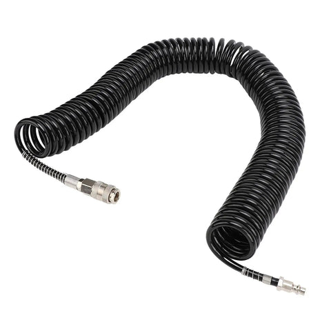 Top Shelf Heavy Duty Retractable Air Hose Compressor Hookup With Kink Free Bend Limiter And Easy Self Rewind Reel For Tough Shop Projects And Fast Tire Inflation Plus Dang Near Indestructible Rubber Wrap, coiled rubber air hose with connectors.