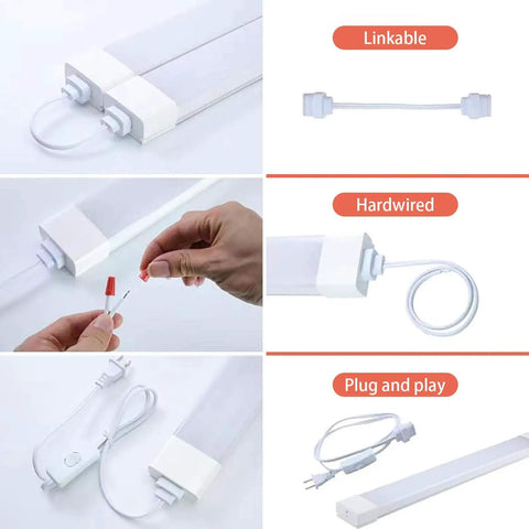 Plug And Play Linkable Waterproof LED Tube Light 2FT 18W 5000K With Switch Cord shown with linkable and hardwired options