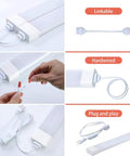 Plug And Play Waterproof LED Tube Light 2ft 18W 5000K easy installation options shown with linkable, hardwired, plug and play features