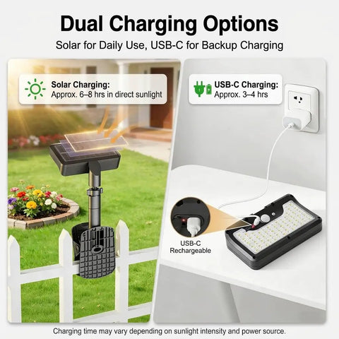 Heavy Duty Solar Motion Lights Clip On For Fence Deck And Gutter 92 Led Security Spotlight with solar and USB-C charging options.