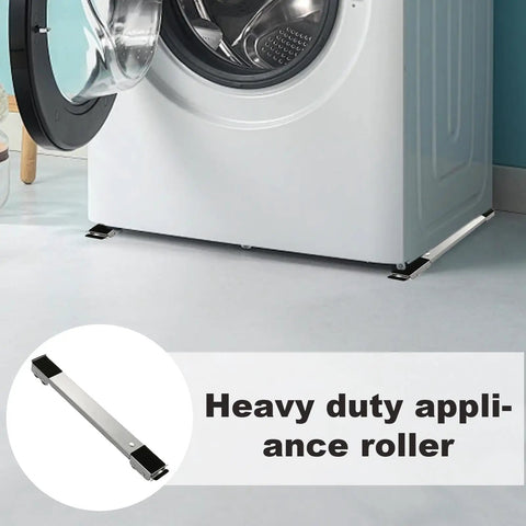 Mobile Washing Machine Base Extendable Heavy Duty Appliance Roller Stand With Adjustable Caster Wheels For Moving Fridges Dryers And Loads Up To 660 Pounds, shown with washer.