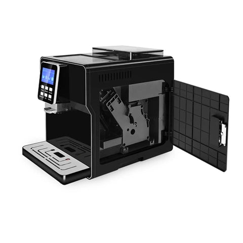 Commercial Automatic Coffee Machine With Built In Grinder For Office Use, showing side view with open maintenance door.