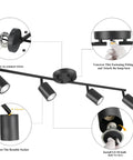 Matte Black 4 Light Track Lighting Kit With Adjustable Heads Ceiling Spotlight Fixture installation steps and close-ups