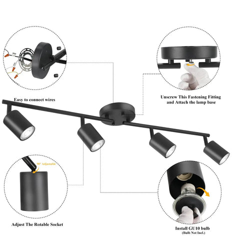 Matte Black 4 Light Track Lighting Kit With Adjustable Heads Ceiling Spotlight Fixture installation steps and close-ups