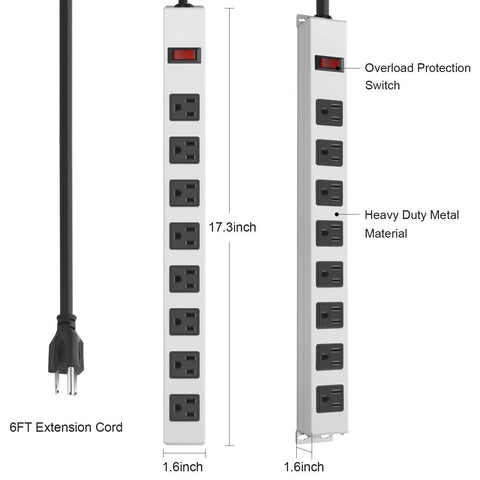 Beefy Metal 8 Outlet Power Strip Surge Protector With 6 Ft Cord Long Lasting White Metal Shell Anti Rust Durable Strip With Wide Spaced Sockets For Home Office Garage Overload Protection Fire Resistant Build, 17.3-inch vertical view