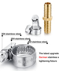 Solid Brass Garden Hose Repair Connector Kit With Half Inch Barb Fittings Dual Head Hose Repair Couplers Includes Stainless Steel Clamps Reusable 2 Pack For Lawn And Yard Watering Easy DIY Fix showing brass connector and 304 stainless steel clamps