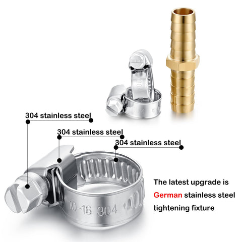 Solid Brass Garden Hose Repair Connector Kit With Half Inch Barb Fittings Dual Head Hose Repair Couplers Includes Stainless Steel Clamps Reusable 2 Pack For Lawn And Yard Watering Easy DIY Fix showing brass connector and 304 stainless steel clamps