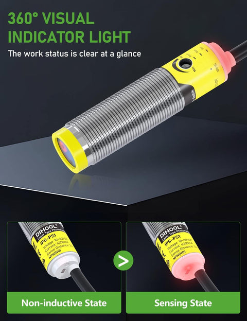 Photoelectric Proximity Sensor With Laser Detection, IP65 Waterproof, Normally Open NPN NO, 360 Degree Status Indicator