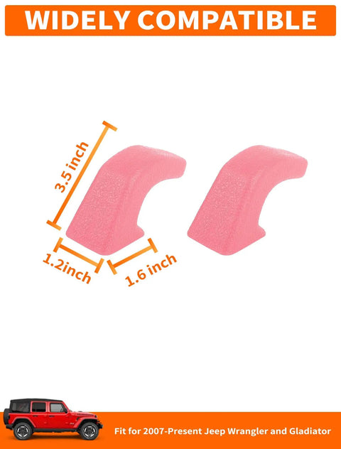 Pink 2-Piece Front Bumper Tow Hook Covers for Jeep Wrangler JK JL 4xe Gladiator JT 2007-Present, dimensions displayed.