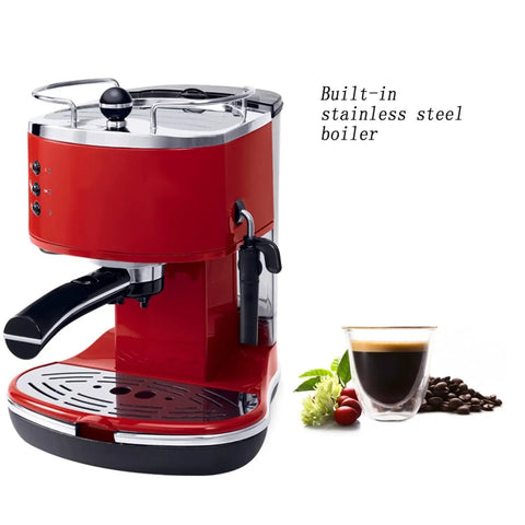 Semi Automatic Espresso Machine And Coffee Brewer With Built In Milk Frother One Point Five Liter Tank For Locking In Fresh Brews Every Single Day In Bold Red side view with cup of espresso.