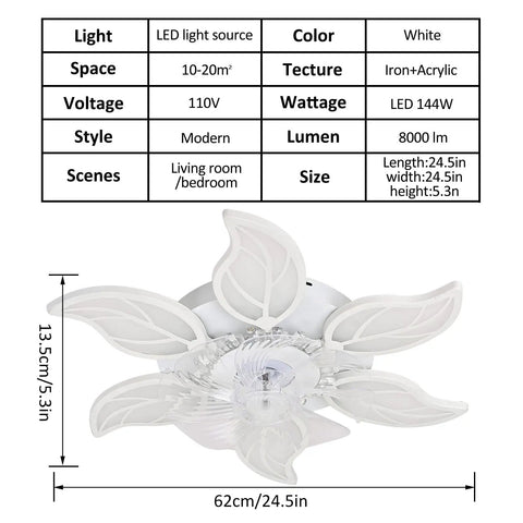 Diagram and dimensions of 24.5 Inch Dope Modern Ceiling Fan With Lights Remote Control 6 Speed 3 Color Dimmable Silent Fandelier