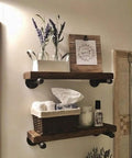 Industrial Iron Pipe Shelf Brackets 8 Inch Floating Shelves Tough As Nails Heavy Duty Metal Brackets For Wood Shelves Supports Up To 120 Lbs Black 6 Pack displayed in bathroom