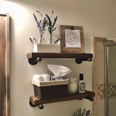 Industrial Iron Pipe Shelf Brackets 8 Inch Floating Shelves Tough As Nails Heavy Duty Metal Brackets For Wood Shelves Supports Up To 120 Lbs Black 6 Pack displayed in bathroom