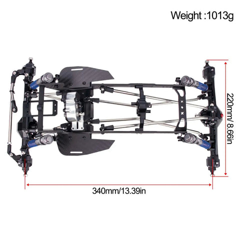 Top view of High Clearance LCG RC Crawler Chassis Kit With Carbon Fiber Rails, Portal Axles, Forward Gearbox, and Adjustable Shocks