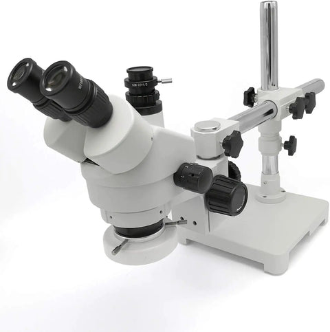 7X-45X Trinocular Stereo Microscope With Wide Field 10X Eyepieces And 0.7X-4.5X Zoom, Single Arm Boom Stand, And 56 LED Ring Light For Gemology Geeks And Electronics Repair Pros, Engraving, And Precise Surface Inspection, white metal boom stand
