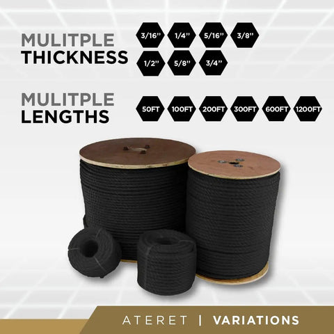Twisted 3-Strand Black Polypropylene Rope 1 Inch By 100 Feet Heavy Duty Go-To Lightweight Synthetic Cord for DIY in multiple sizes