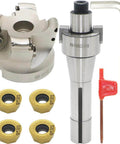 Face mill cutter holder with four yellow carbide inserts and 8mm and T15 spanners, R8 shank
