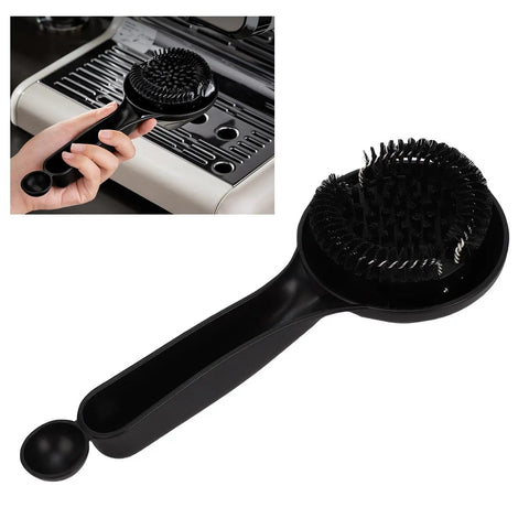 Grouphead Cleaning Brush For Espresso Machines 9 Inch Nylon Bristle Brush With Protective Guard shown beside coffee machine