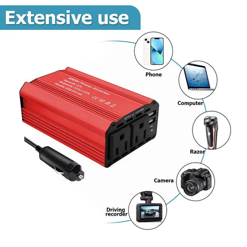 Heavy Duty 300 Watt Car Power Inverter Transforms Dc 12 Volt To 110 Volt Ac Output Featuring Dual Usb Port And Built In Fuse with devices connected.