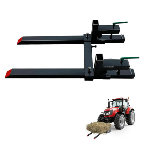 60 Inch Clamp On Pallet Forks With 2000 Lb Capacity, showing heavy duty forks attached to tractor hauling hay.