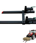 43 Inch Clamp On Pallet Forks For Tractor Bucket with hay bale, heavy duty, adjustable stabilizer bar, powder coated steel.