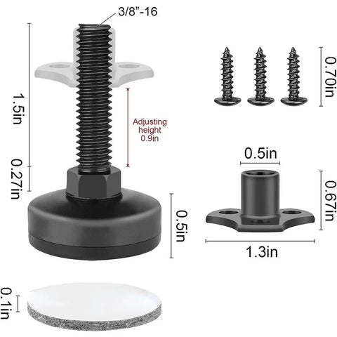 Beefed Up Heavy Duty Adjustable Leveling Feet Kit 12 Pcs showing dimensions and components like T Nuts and screws