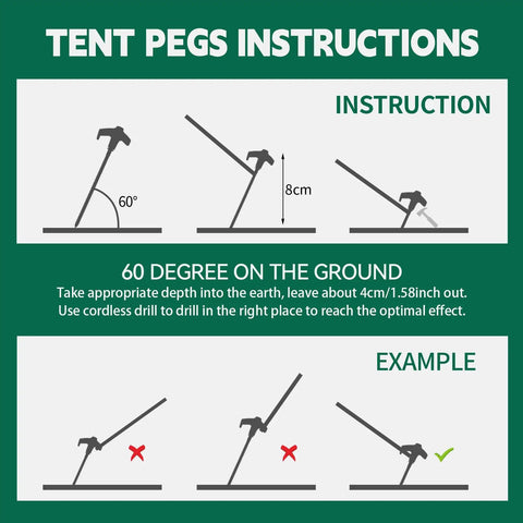 Instructions for using Twenty Pack 8 Inch Screw In Tent Stakes With Beefy Hex Heads Heavy Duty Stainless Steel Ground Anchors.
