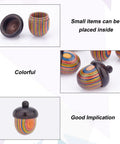 Five Pack Rainbow Wood Acorn Pendant Set With Openable Mini Cremation Urns For Ashes displayed with open lids and vibrant colors