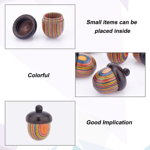 Five Pack Rainbow Wood Acorn Pendant Set With Openable Mini Cremation Urns For Ashes displayed with open lids and vibrant colors