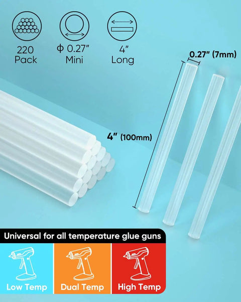 Mini Hot Glue Sticks 0.27 Inch Diameter 4 Inch Length 220 Pack Clear All Temp For Mini Glue Guns Multipurpose DIY Art
