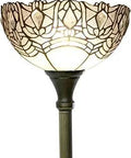 Tiffany Style Floor Lamp With White Crystal Stained Glass Light 12 Inch Shade 71 Inch Tall Torchiere Standing Corner Uplight Decor