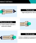 2 Pack Inductive Proximity Sensor With 4mm Sensing Range NPN Normally Open DC12 36V for Industrial Automation, showing tail, thread, shell designs