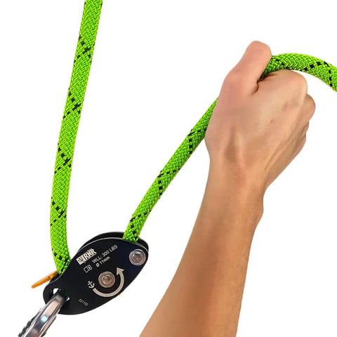Renegade Adjustable Lanyard For Work Positioning With Ergonomic Lever shown in hand, lime green rope and black hardware detail close-up.