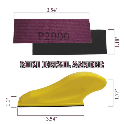 Mini detail sander with hook and loop P2000 sanding strip, part of Pro Grade 100 Piece Micro Detail Sanding Paper Kit Wet Dry Set.