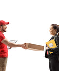 Delivery person handing a woman a box, woman holding a 30 Pack Kraft Bubble Mailers Bulk 10x13 Inch Self Seal Padded Envelope