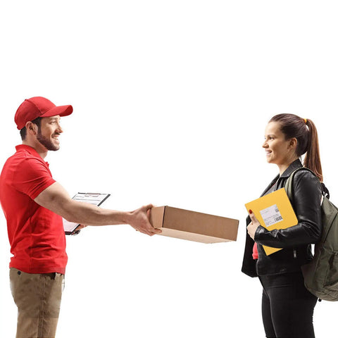 Delivery person handing a woman a box, woman holding a 30 Pack Kraft Bubble Mailers Bulk 10x13 Inch Self Seal Padded Envelope
