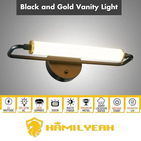 16.5 Inch LED Vanity Light Bar Over Mirror In Black And Gold, 18W 3000K Warm White, Dope Modern Wall Sconce