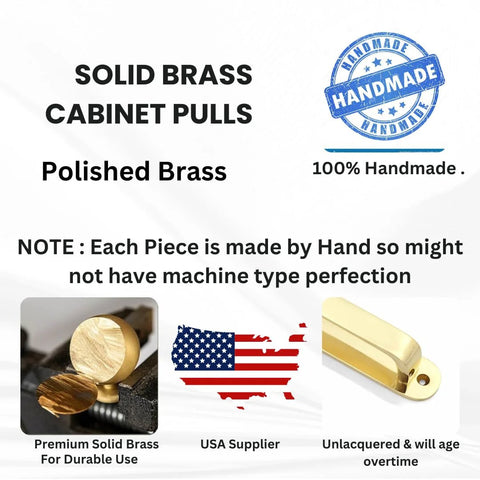Solid Brass Cabinet Pull With Backplate, 6.5 Inch L-Shaped Handle In Polished Unlacquered Finish, handmade description with USA map