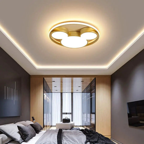 Bedroom view of Cartoon Dope Mouse Ceiling Light Featuring Mickey Style Gold Metal Chandelier For A Modern Look Flush Mount Ceiling Lamp