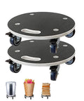 Heavy Duty 15 Inch Round Wood Platform Dolly Cart Set Two Pack with Silent Tpr Wheels stacked and showing dual use for moving items.