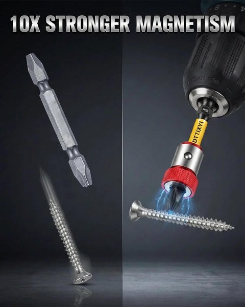 DTTIYXI 6‑pc magnetic screwdriver bit set with 1/4 in hex shank and PH1–PH3 bits, magnetizer; split view showing bits and drill installation.