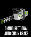 Cordless 20 Inch Battery Powered Chainsaw With Brushless Motor Delivers 55cc Gas Equivalent Power close-up view with auto chain brake